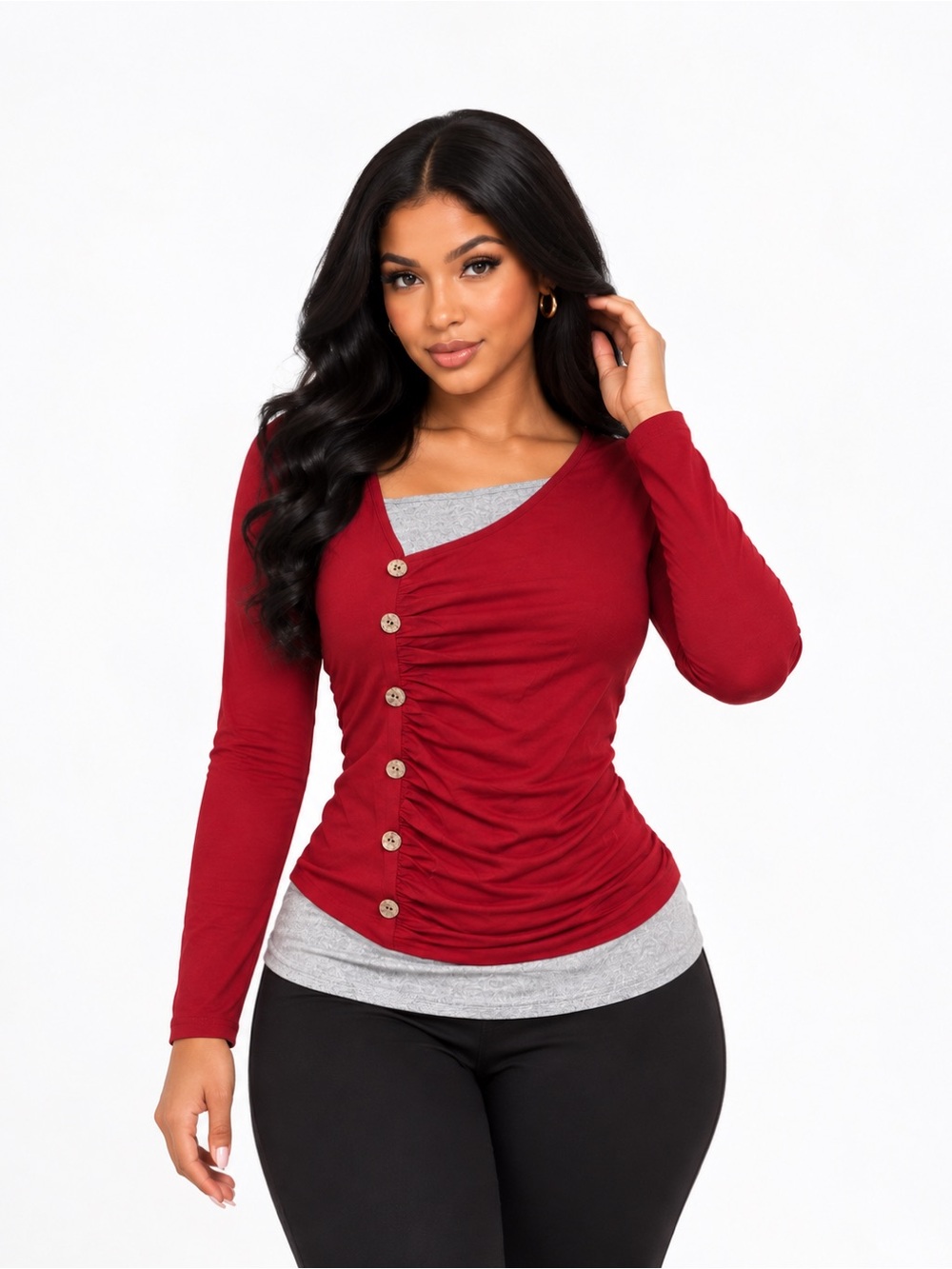 Button-Front Ruched Long Sleeve Top - Red